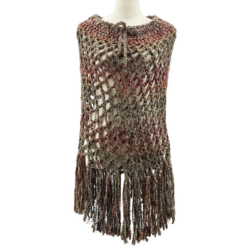 Handmade Fringed Open Weave Knitted Poncho Small/Medium